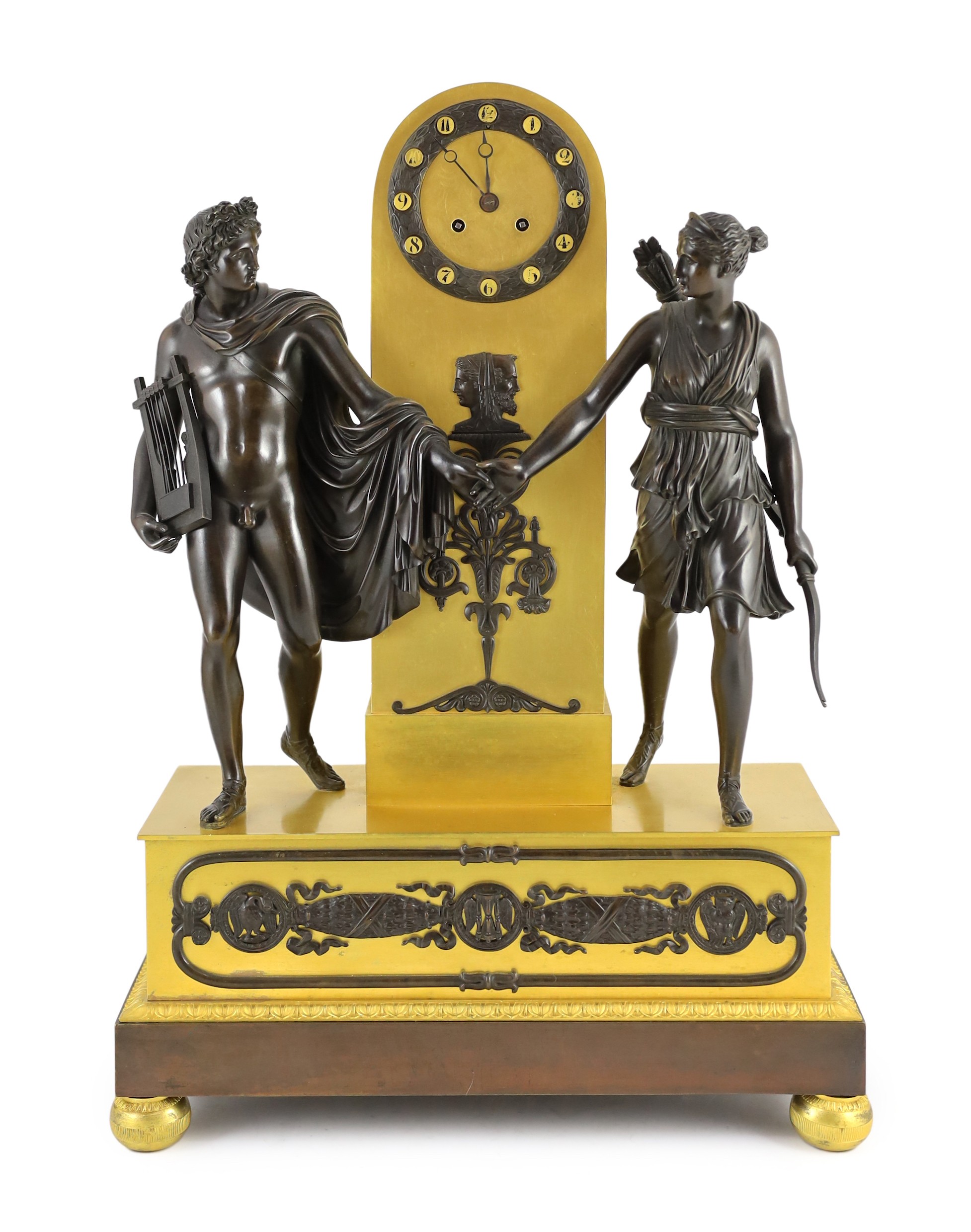 A 19th century French Louis XVI style bronze and ormolu mantel clock, width 42cm height 60cm